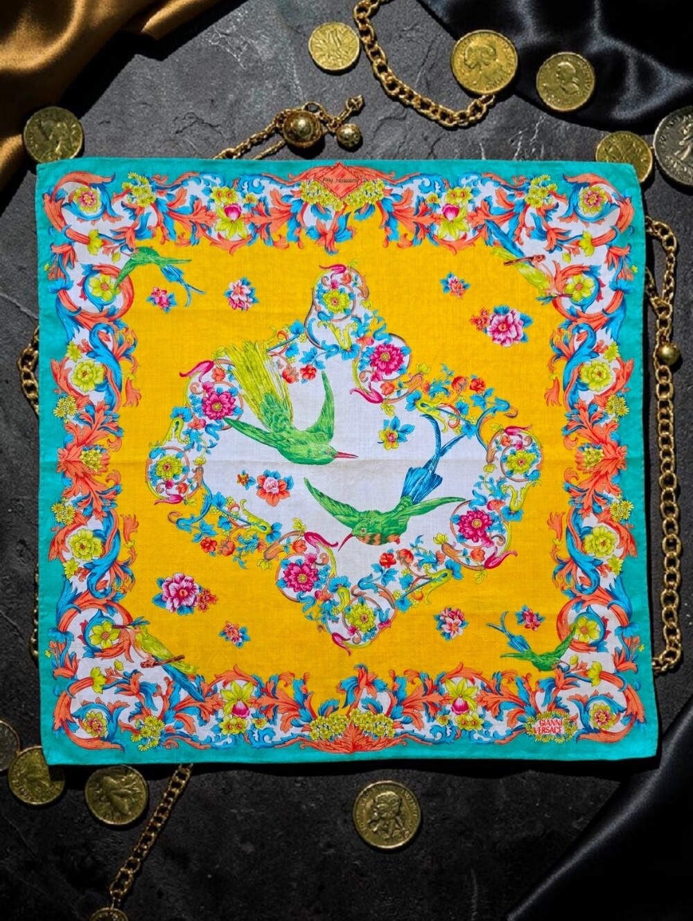 Gianni Versace Humming Bird Vintage Bandana Small Scarf